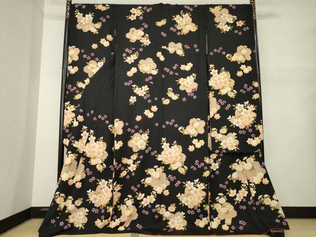 平和屋着物●豪華振袖 駒刺繍 舞桜 黒地 ロング丈 正絹 逸品 AABM7096ck