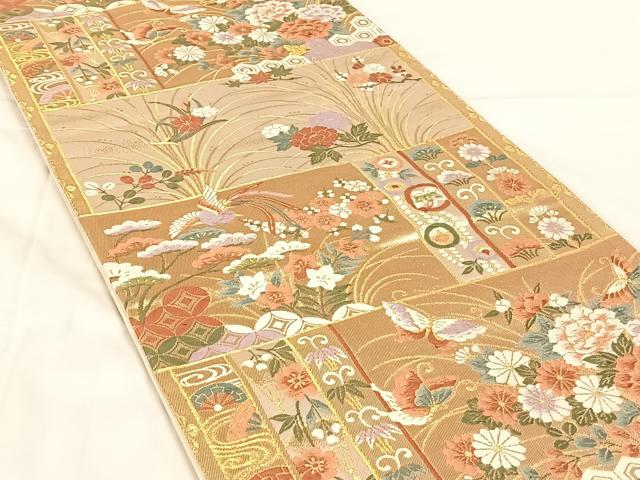 平和屋着物◎六通柄袋帯 唐織 花蝶文 金糸 正絹 逸品 AABM7286dk