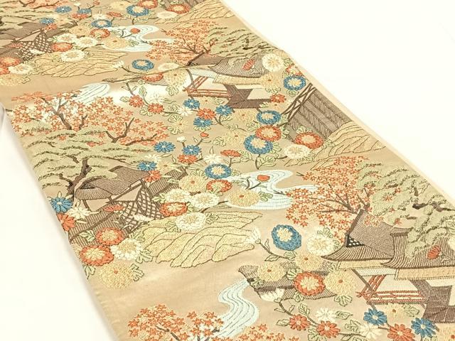 平和屋着物◎六通柄袋帯 唐織 風景花文 金糸 正絹 逸品 AABM7289dk