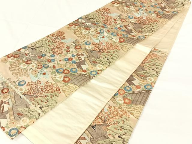 平和屋着物◎六通柄袋帯 唐織 風景花文 金糸 正絹 逸品 AABM7289dk