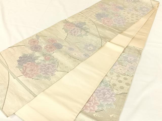 平和屋着物◎六通柄袋帯 唐織 花丸文 銀糸 正絹 逸品 AABM7296dk