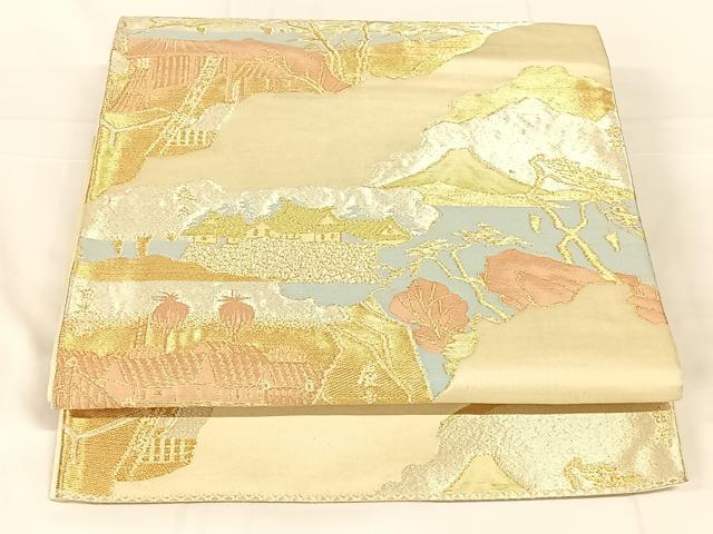 平和屋着物◎六通柄袋帯 風景文 金糸 正絹 逸品 AABM7310dk