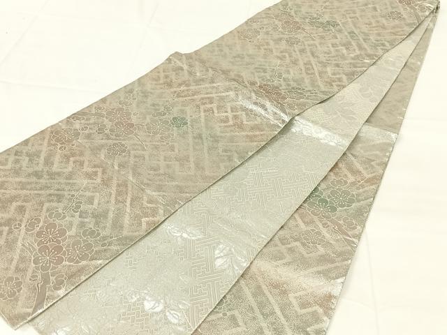平和屋着物◎佐賀錦 両面六通柄袋帯 紗綾形梅文 銀糸 正絹 逸品 AABM7314dk