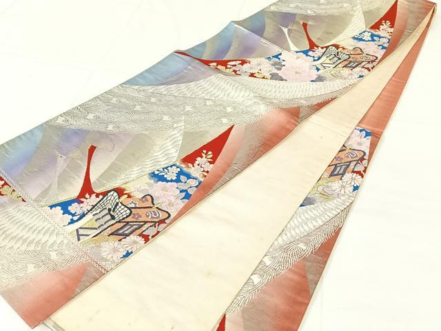 平和屋着物◎六通柄袋帯 唐織 御所車花鳥文 金銀糸 正絹 逸品 AABM7317dk