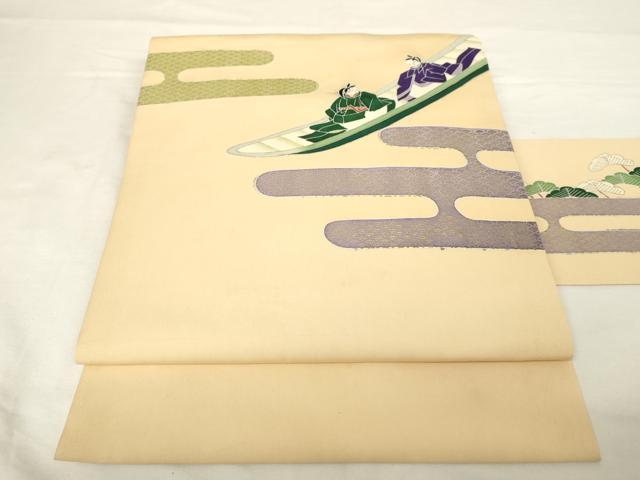 平和屋着物◎塩瀬 九寸名古屋帯 人物風景文 金彩 正絹 逸品 AABM7349ex