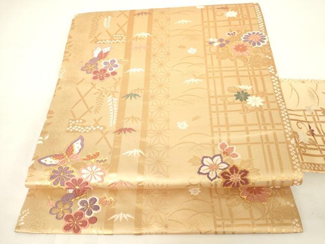 平和屋着物◎全通柄 九寸名古屋帯 唐織 花蝶文 金糸 正絹 逸品 AABM7361ex
