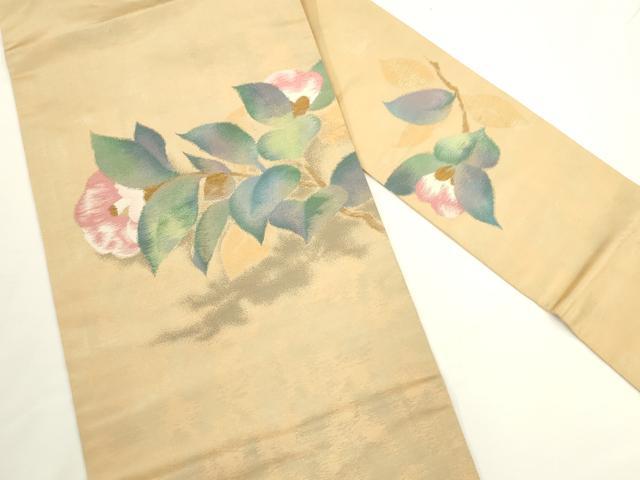 平和屋着物◎九寸名古屋帯 枝花文 椿 金糸 引箔 正絹 逸品 AABM7370ex