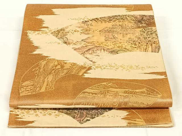 平和屋着物◎六通柄袋帯 地紙風景文 引箔 正絹 逸品 AABM7463dk