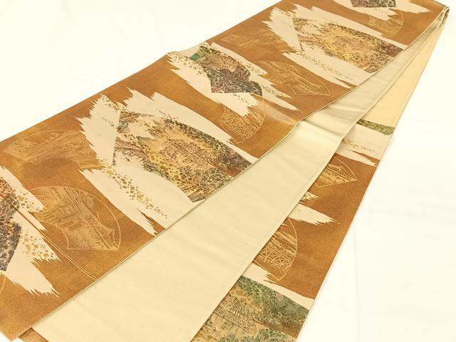 平和屋着物◎六通柄袋帯 地紙風景文 引箔 正絹 逸品 AABM7463dk
