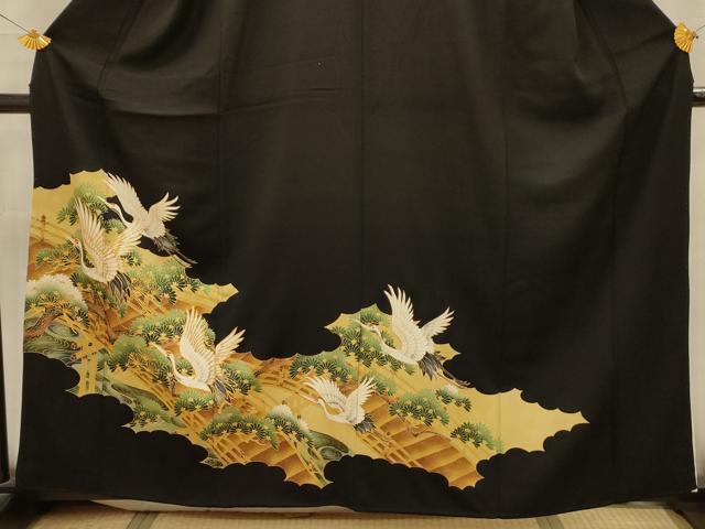 平和屋着物■豪華黒留袖 駒刺繍 渡橋飛鶴浜松文 金彩 正絹 逸品 AABM7492sx