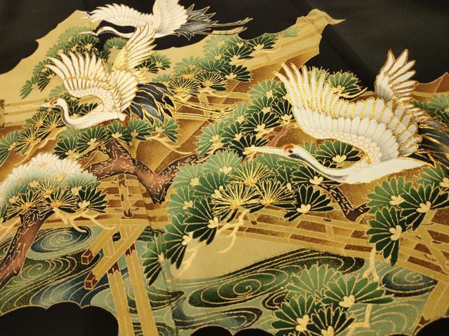 平和屋着物■豪華黒留袖 駒刺繍 渡橋飛鶴浜松文 金彩 正絹 逸品 AABM7492sx