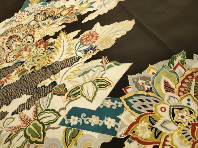 平和屋着物■豪華黒留袖 駒刺繍 雲取更紗花文 金彩 正絹 逸品 AABM7495sx