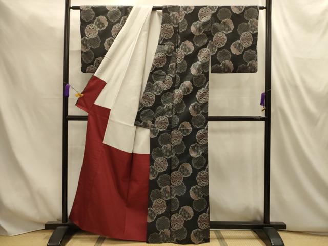 平和屋着物■上質な紬 雪輪花文 黒地 正絹 逸品 AABM7498sx