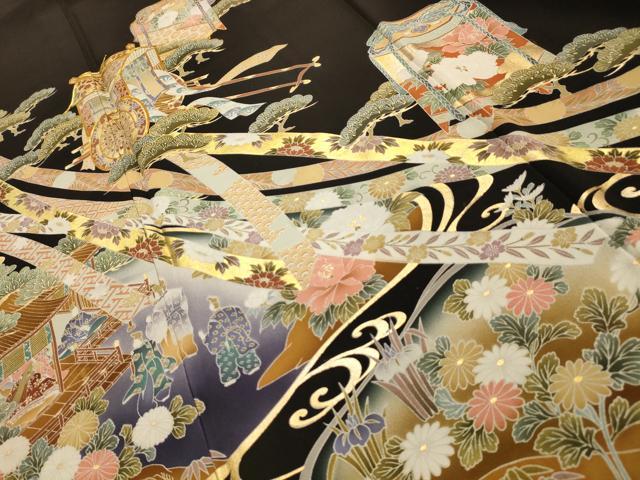 平和屋着物■豪華黒留袖 作家物 駒刺繍 蔓帯貝桶御所車花文 金彩 正絹 逸品 AABM7504sx