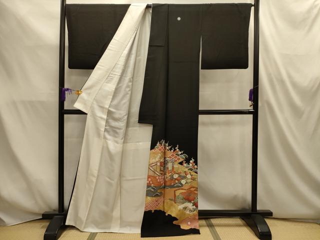 平和屋着物■豪華黒留袖 松竹梅御所車花鳥風景文 金彩 正絹 逸品 AABM7507sx