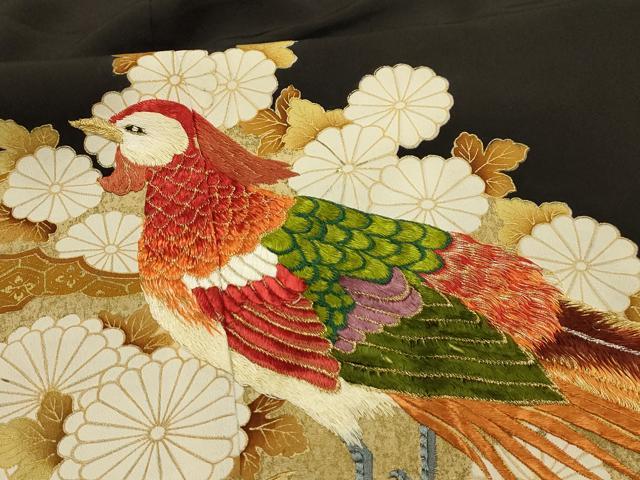 平和屋着物■豪華黒留袖 駒刺繍 花鳥文 金糸 金彩 正絹 逸品 AABM7530sx