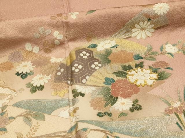 平和屋着物■訪問着 駒刺繍 扇面花文 暈し染め 金銀彩 正絹 逸品 AABM7544sx