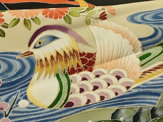 平和屋着物■豪華黒留袖 作家物 地紙重ね流水鴛鴦花文 金彩 正絹 逸品 AABM7546sx