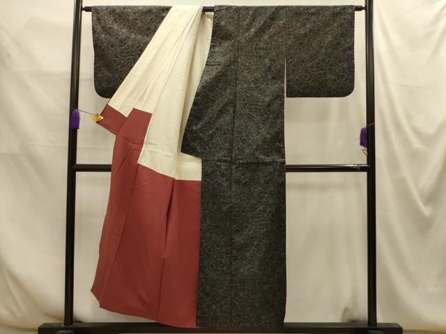 平和屋着物■本場大島紬 7マルキ 花唐草文 黒地 正絹 逸品 AABM7667sx