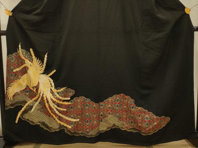平和屋着物■豪華黒留袖 刺繍 雲取鳳凰花文 金彩 金銀糸 正絹 逸品 AABM7685sx