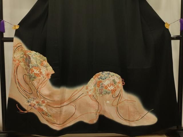 平和屋着物■豪華黒留袖 駒刺繍 檜扇花鳥文 暈し染め 金糸 金彩 正絹 逸品 AABM7698sx