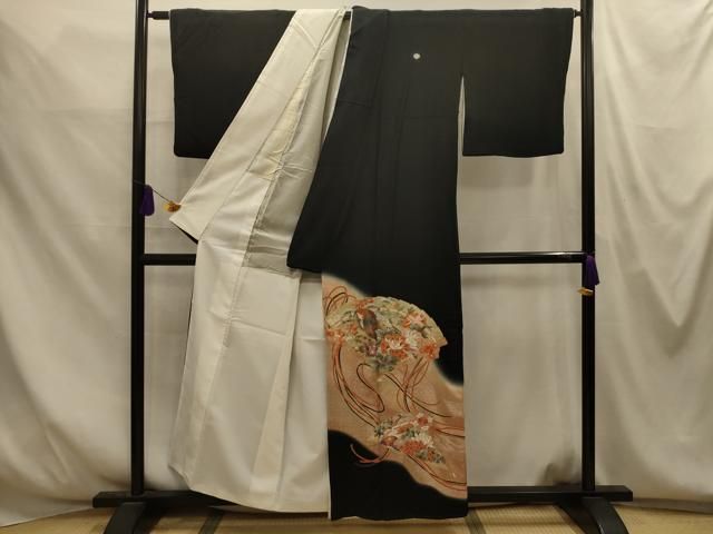 平和屋着物■豪華黒留袖 駒刺繍 檜扇花鳥文 暈し染め 金糸 金彩 正絹 逸品 AABM7698sx