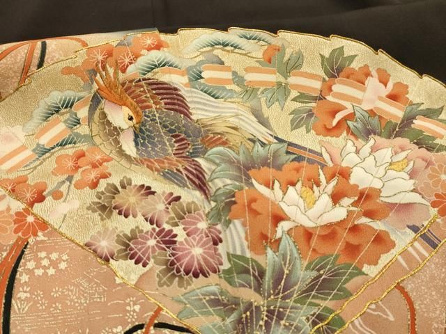 平和屋着物■豪華黒留袖 駒刺繍 檜扇花鳥文 暈し染め 金糸 金彩 正絹 逸品 AABM7698sx