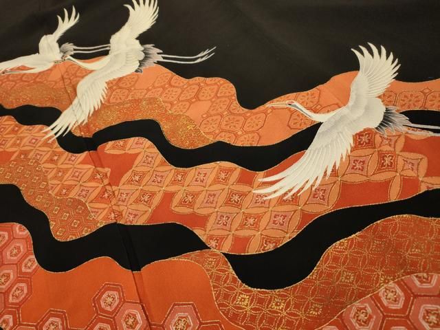 平和屋着物■豪華黒留袖 刺繍 道長吉祥飛鶴文 金彩 正絹 逸品 AABM7708sx