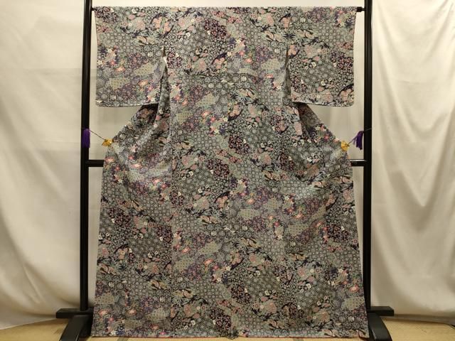 平和屋着物■上質な小紋 地紙重ね花鳥文 鬼しぼ縮緬 正絹 逸品 AABM7719sx