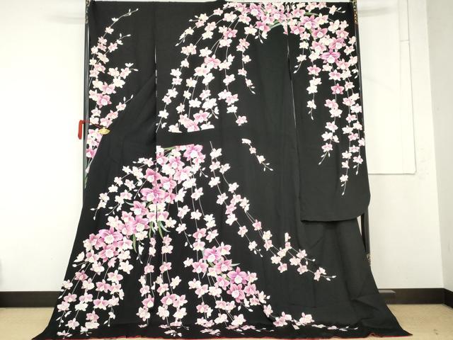 平和屋着物●豪華振袖 刺繍 胡蝶蘭 黒地 金糸 金彩 やまと誂製 ロング丈 正絹 逸品 AABM8009cs