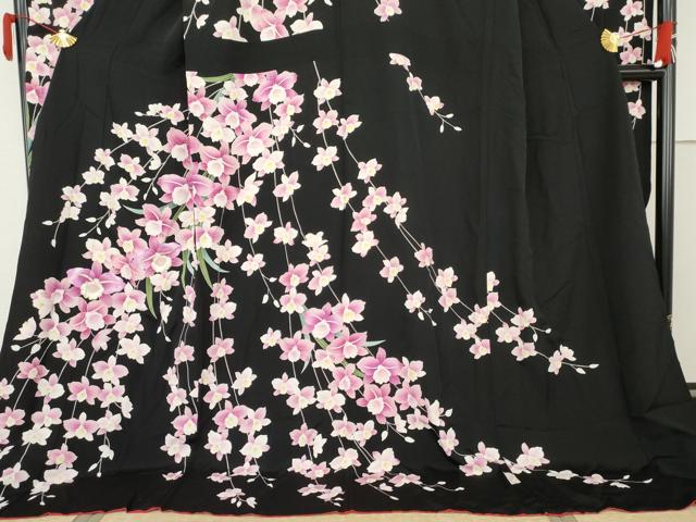 平和屋着物●豪華振袖 刺繍 胡蝶蘭 黒地 金糸 金彩 やまと誂製 ロング丈 正絹 逸品 AABM8009cs