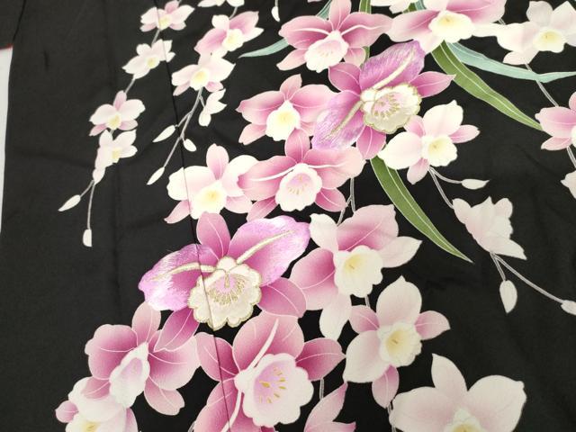 平和屋着物●豪華振袖 刺繍 胡蝶蘭 黒地 金糸 金彩 やまと誂製 ロング丈 正絹 逸品 AABM8009cs