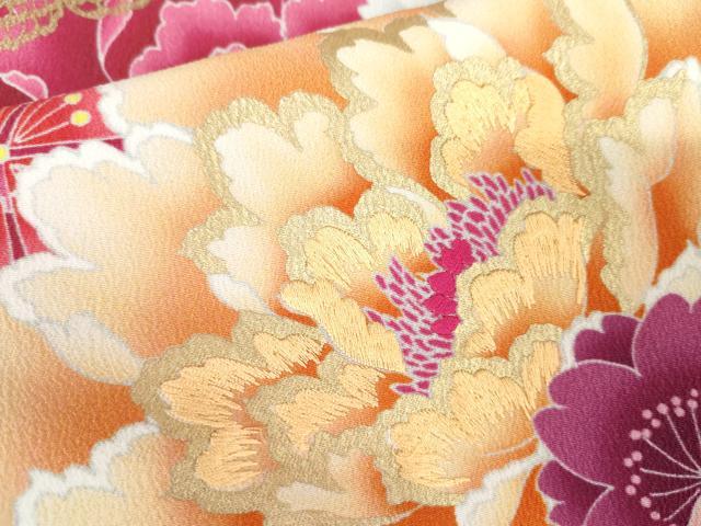 平和屋着物●小振袖 二尺袖 刺繍 花蝶文 暈し染め 金彩 洗える着物 AABM8016cs