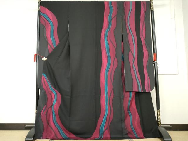 平和屋着物●豪華振袖 流水文 黒地 ロング丈 正絹 逸品 AABM8020cs