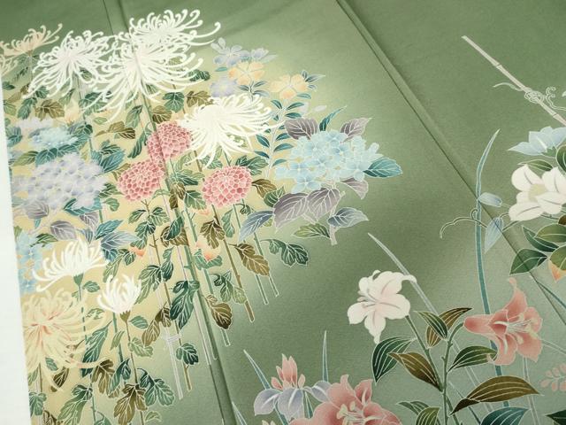 平和屋着物●訪問着 友禅 作家物 枝花文 乱菊 暈し染め 浜ちりめん 反端付き 正絹 逸品 未使用 AABM8026cs