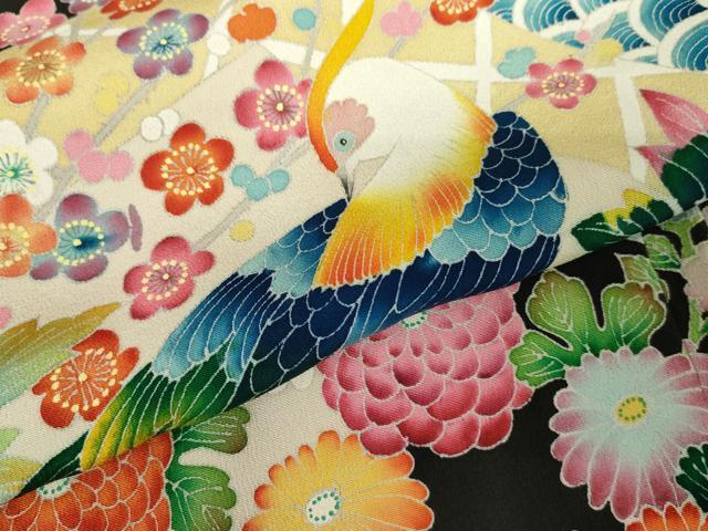 平和屋着物●豪華黒留袖 友禅 作家物 花鳥文 浜ちりめん 仮絵羽 正絹 逸品 未使用 AABM8040cs