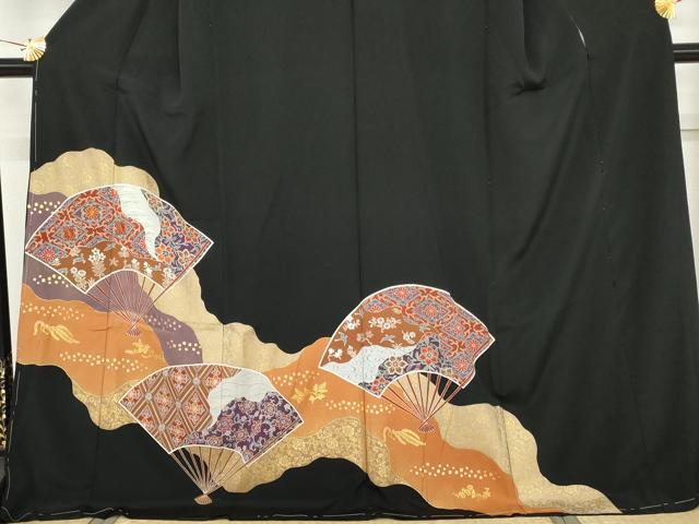 平和屋着物●豪華黒留袖 刺繍 扇面吉祥花文 金糸 金彩 浜ちりめん 仮絵羽 正絹 逸品 未使用 AABM8043cs
