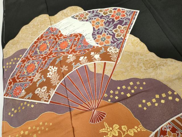 平和屋着物●豪華黒留袖 刺繍 扇面吉祥花文 金糸 金彩 浜ちりめん 仮絵羽 正絹 逸品 未使用 AABM8043cs