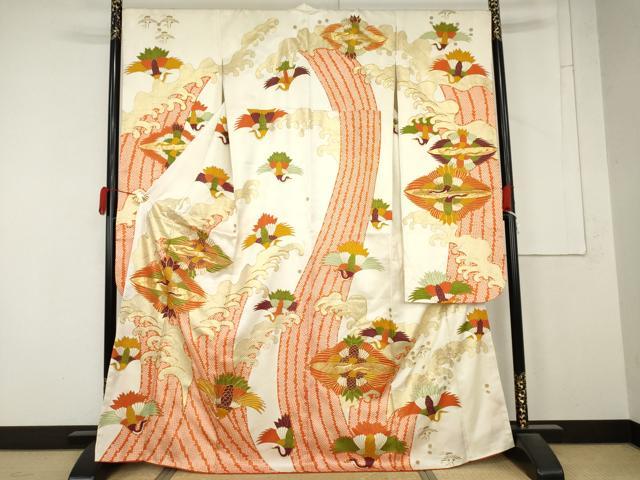 平和屋着物●豪華振袖 駒刺繍 双鶴立波文 金彩 正絹 逸品 AABM8049cs