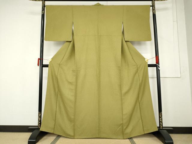 平和屋着物●上質な色無地 氷割れ地紋 青朽葉色 正絹 逸品 AABM8054cs