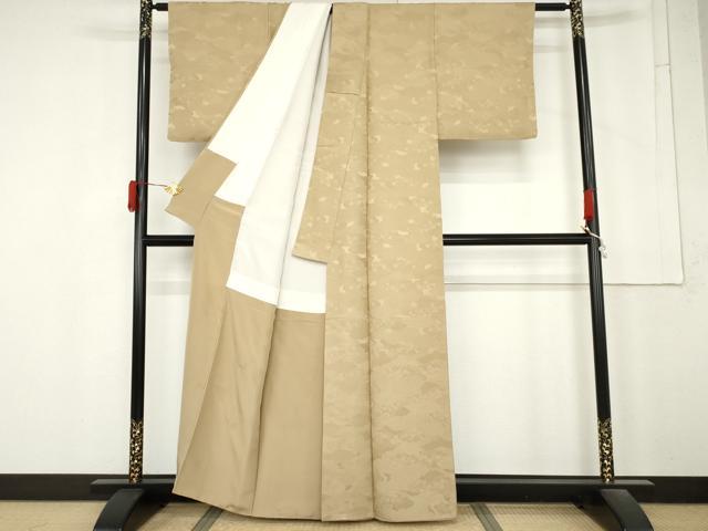 平和屋着物●上質な色無地 雲重ね花地紋 白橡色 嘘つき襦袢 正絹 逸品 AABM8056cs