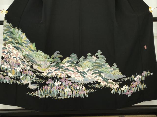 平和屋着物●豪華黒留袖 友禅 作家物 鴛鴦花文 三越扱い 正絹 逸品 AABM8063cs