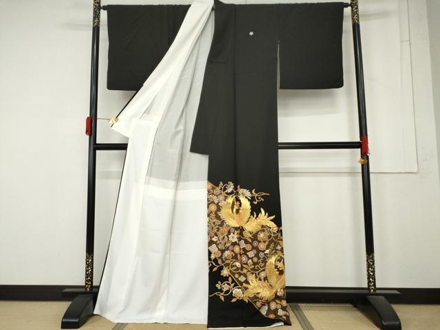 平和屋着物●豪華黒留袖 作家物 駒刺繍 鳳凰更紗花文 金彩 正絹 逸品 AABM8085cs