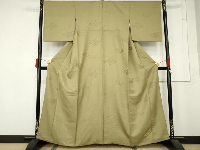 平和屋着物●上質な色無地 工事繋ぎ地紋 黄海松茶色 正絹 逸品 AABM8110cs