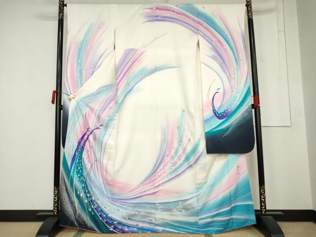 平和屋着物●写真家・秋山庄太郎 振袖 孔雀 暈し染め 金銀彩 正絹 逸品 AABM8154cs