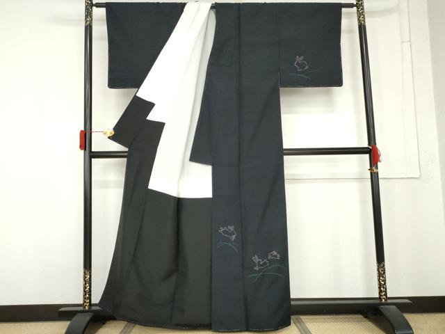 平和屋着物●訪問着 紬地 刺繍 刺し子 芝に跳び兎 正絹 逸品 未使用 AABM8157cs
