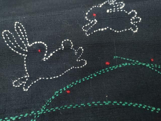 平和屋着物●訪問着 紬地 刺繍 刺し子 芝に跳び兎 正絹 逸品 未使用 AABM8157cs