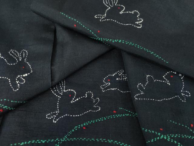 平和屋着物●訪問着 紬地 刺繍 刺し子 芝に跳び兎 正絹 逸品 未使用 AABM8157cs