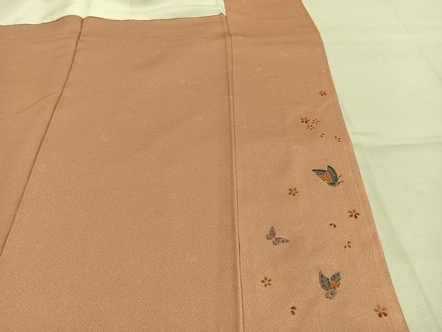 平和屋着物●本草木染作家 瑞寶 色無地 舞蝶舞桜芝地紋 一斤染色 鈴乃屋扱い 正絹 逸品 未使用 AABM8164fy