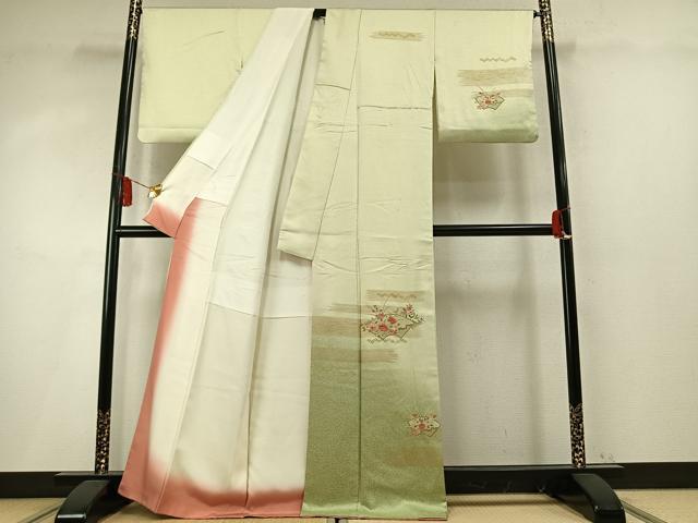 平和屋着物●中国三大刺繍 スワトウ刺繍 汕頭刺繍 総刺繍 訪問着 地紙花文 暈し染め 金糸 金彩 正絹 逸品 AABM8223fy